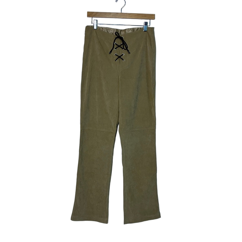 TEMPTED Women Size 9 Vintage USA Tan Faux‎ Suede Lace Up Pants Flare Cowgirl